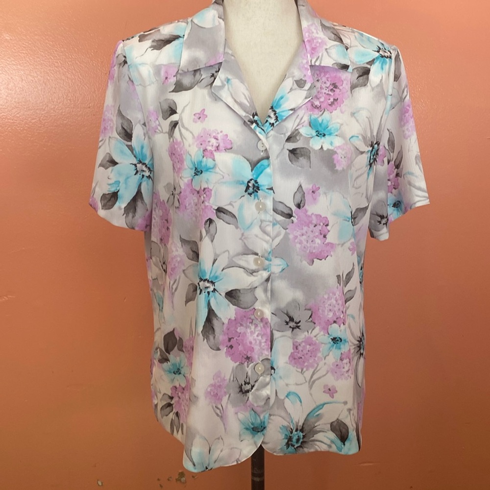 Alfred Dunner Women Size 8 Floral Flowers Short Sleeve Button Up Shirt Blouse